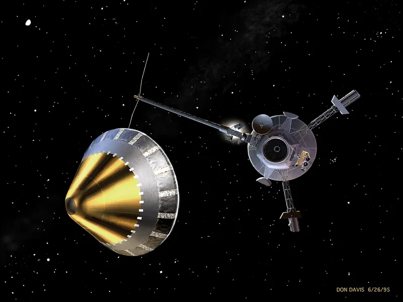 Artist’s impression of a cone-shaped probe separating from a spacecraft above Jupiter