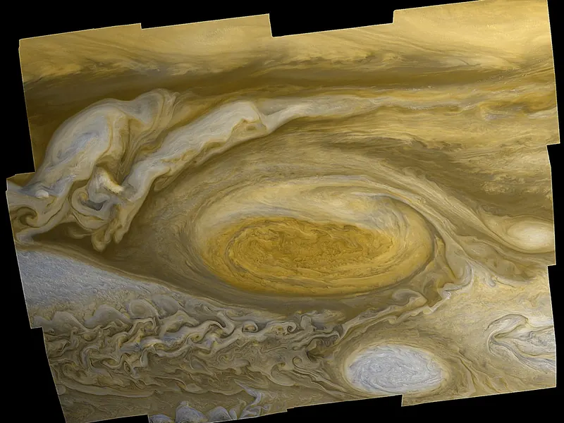 A huge swirling red-orange oval among wavy cream and brown clouds