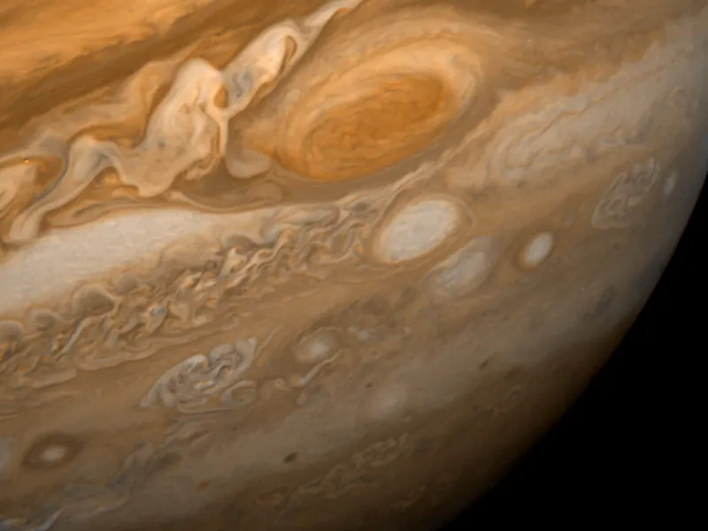 Swirling clouds around the Great Red Spot in close-up