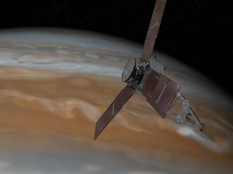 Artist’s impression of a spacecraft with three long solar panels above Jupiter’s clouds